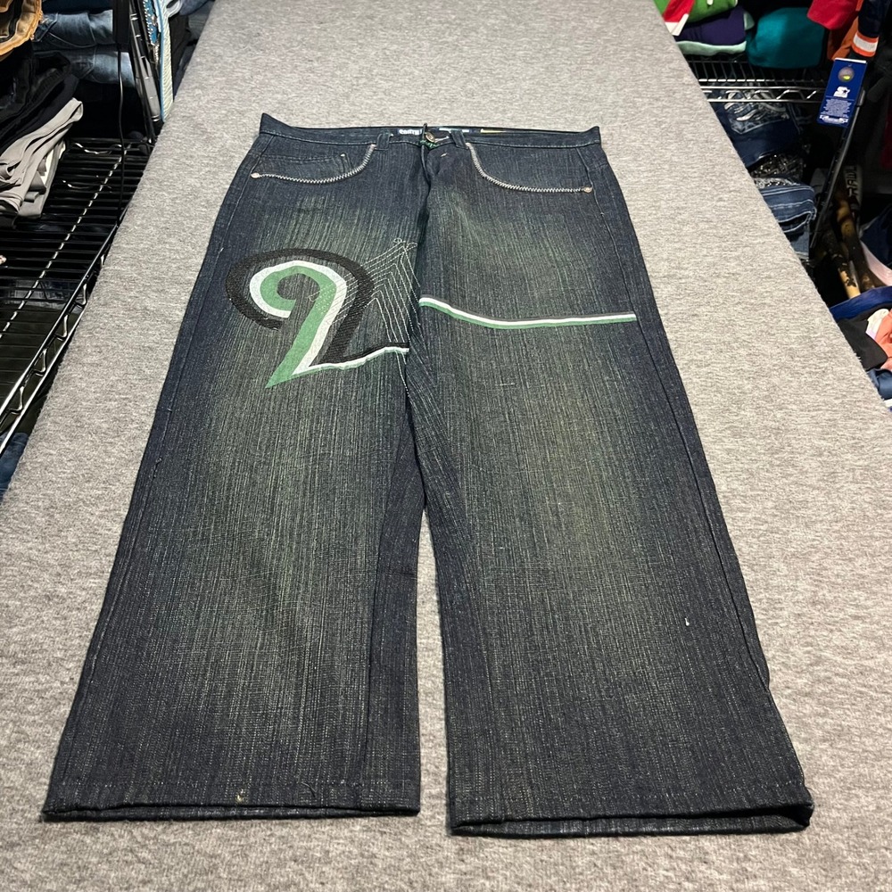 Southpole Mens Baggy Relaxed Fit Dark Wash Green Tint Embroidered Jeans 34x27